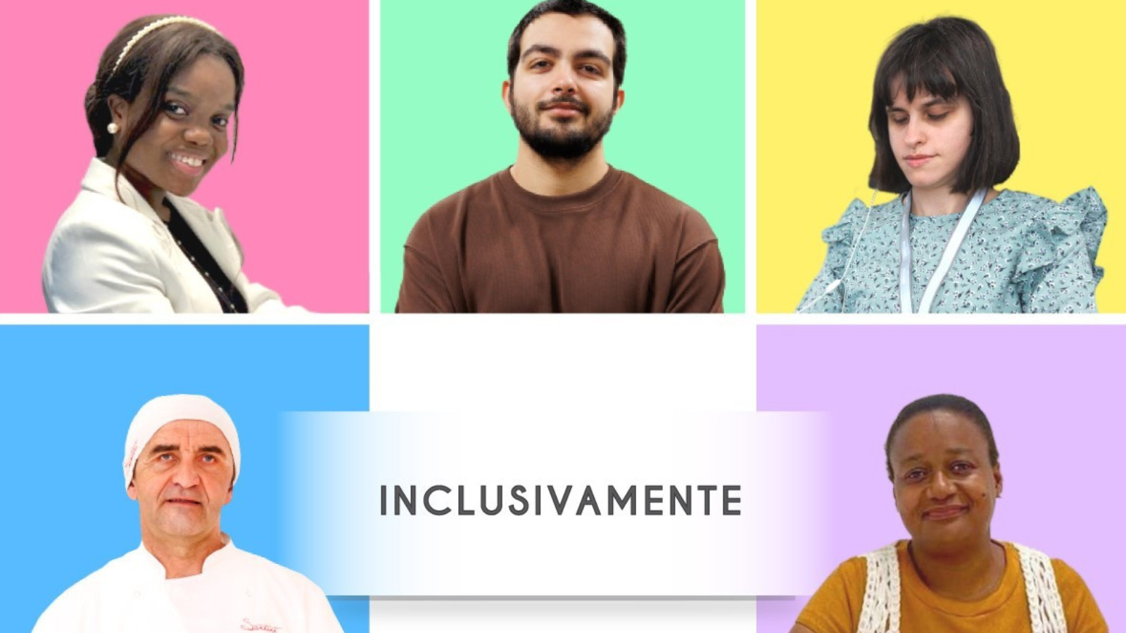 Photo collage of different portraits of people with different disabilities with colorful background