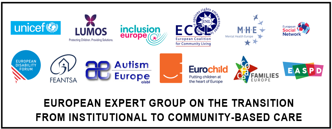 Picture with the logos of all members of the European Expert Group on the transitino from institutional to community-based care