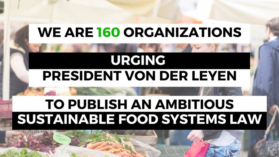 Picture with the title: We are 160 organisations urging President von der Leyen to publish an ambitious sustainable food systems law"