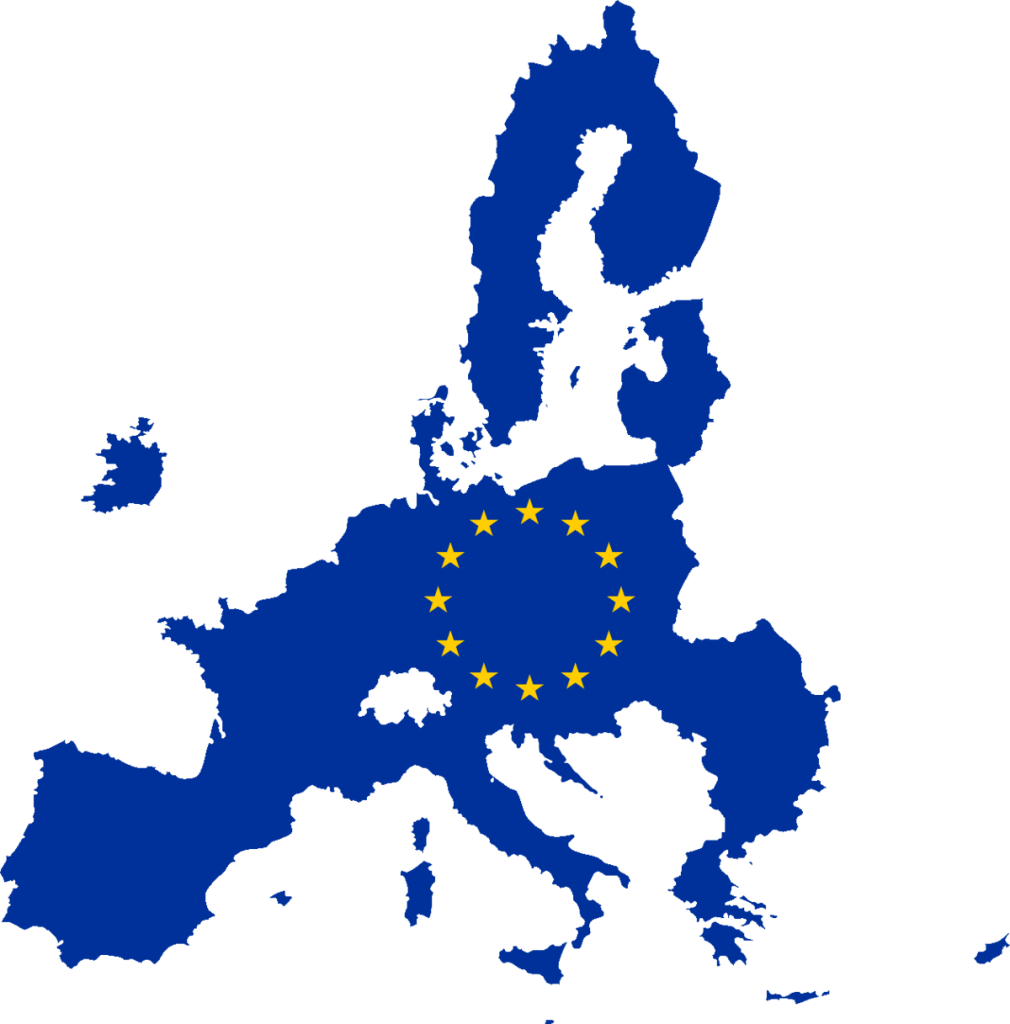 Blue map of the European Union with the EU flag yellow stars