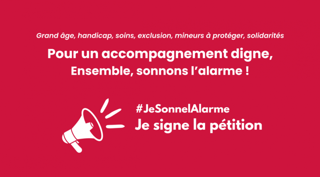 Graphic with text calling for action on age, disability, exclusion issues with a hashtag "#jesonnealalarme" and a megaphone icon, urging to sign a petition. background is red.
