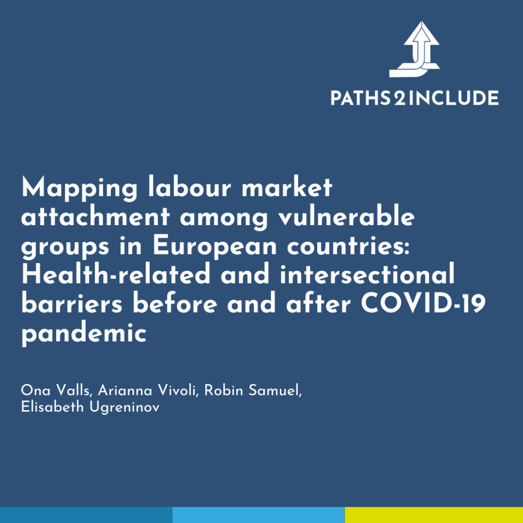 Text on blue background: Mapping labour market attachment among vulnerable groups in European countries: health-related and intersectional barriers before and after COVID-19 pandemic