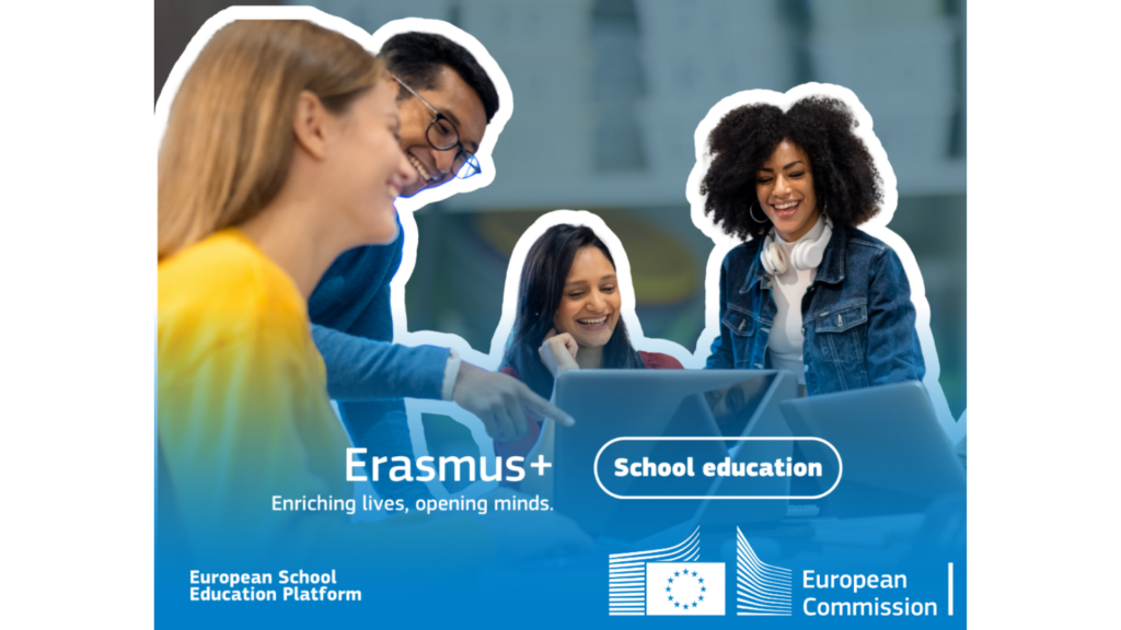 Picture of four people laughing. Text: Erasmus+ and School education.