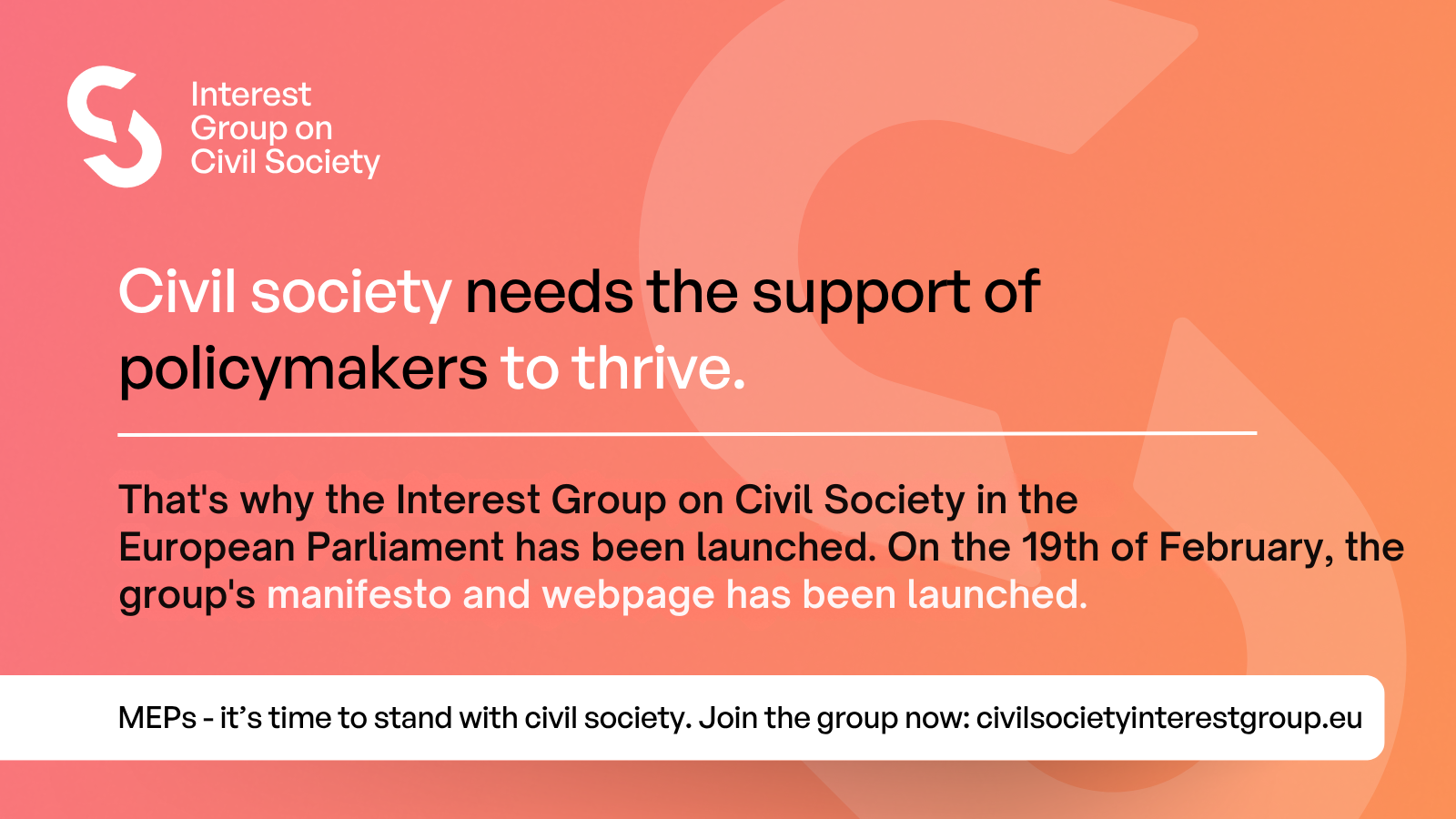 Interest Group on Civil Society in the European Parliament banner on a orange background