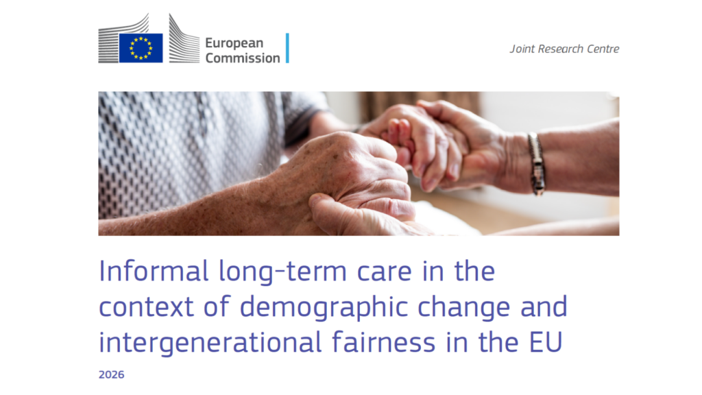 Picture: two hands holding, from an old person and a young person. Name of the study: Informal long-term care in the context of demographic change and intergenerational fairness in the EU.
