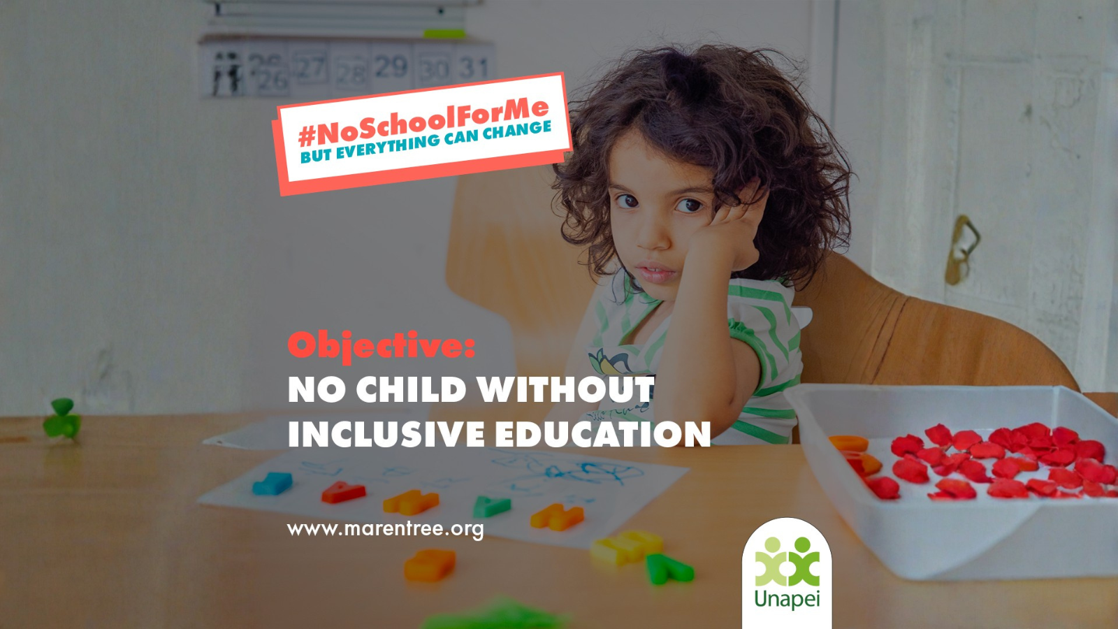 A girl and a text saying, Objective: No child without inclusive education.