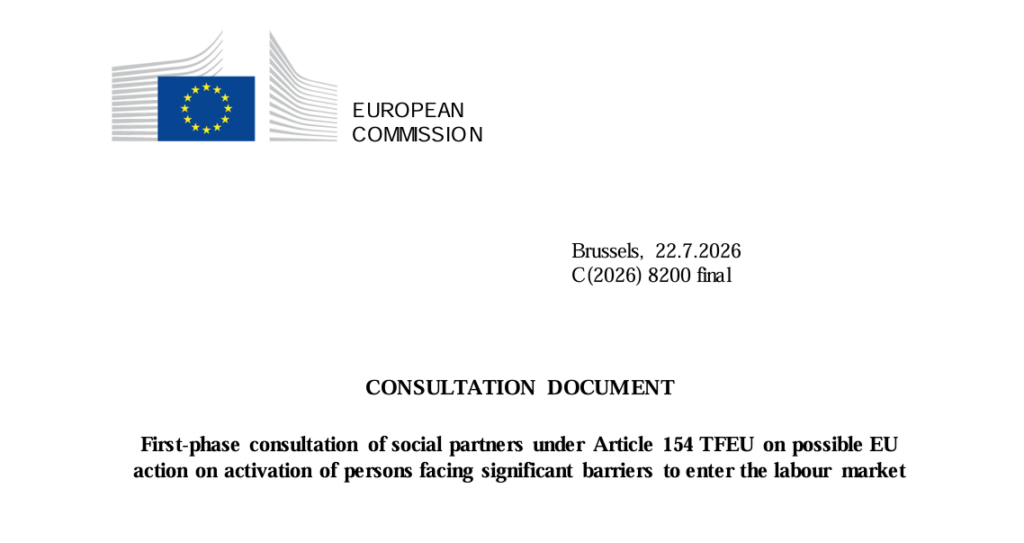 White background, with Commission logo and title of the consultation: First-phase consultation of social partners under Article 154 TFEU on possible EU action on activation of persons facing significant barriers to enter the labour market